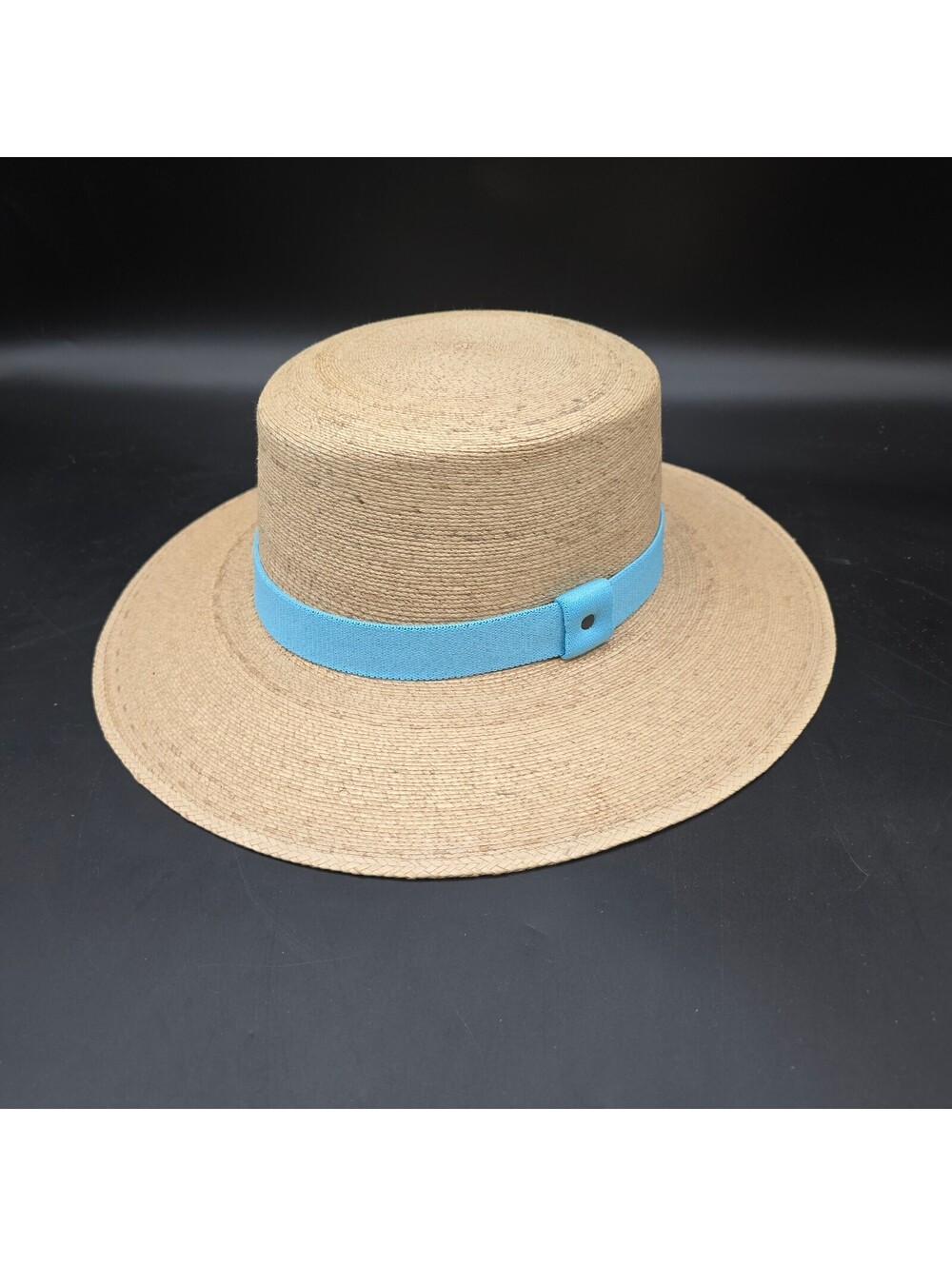 Handmade Mexican Palm Leaf Boater Hat Medium Flat Top Natural Straw Blue Band